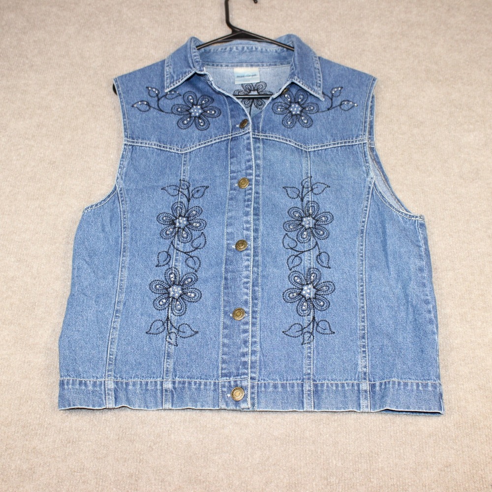 Decorated Originals Blue Denim Vest Floral Embroidery Rhinestone Medium Wash M